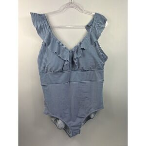 Time & Tru Swimsuit Women's Sz 2X Blue/White Stripe Ruffle Built In Bra V-Neck